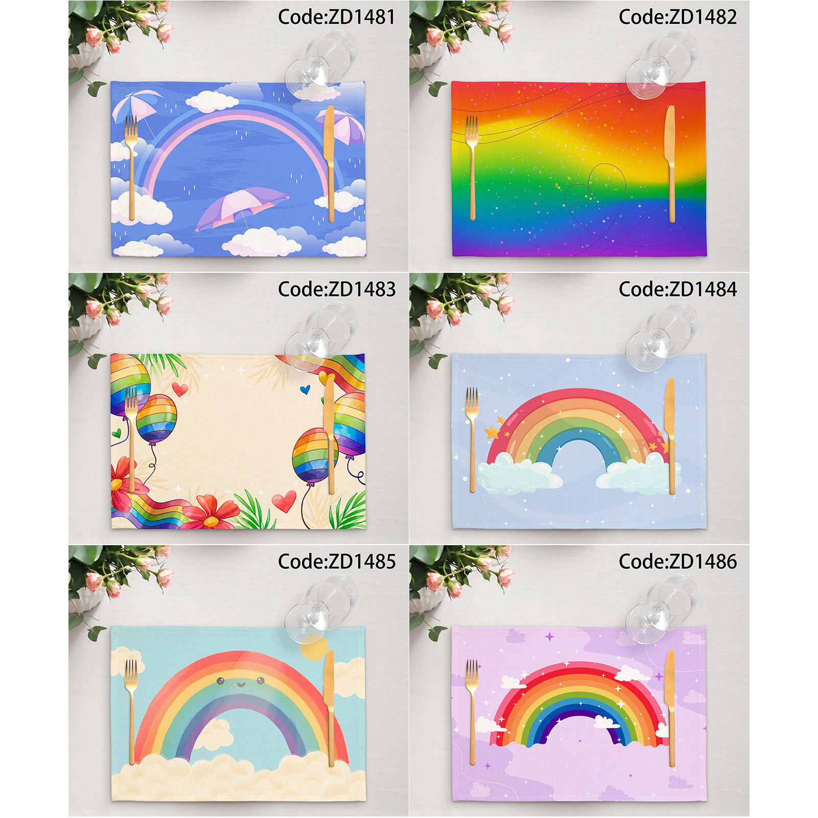 

6 шт. подстилка для обеденных столов, подстилка из радужной льна, Нескользящие термостойкие столовые приборы для дома