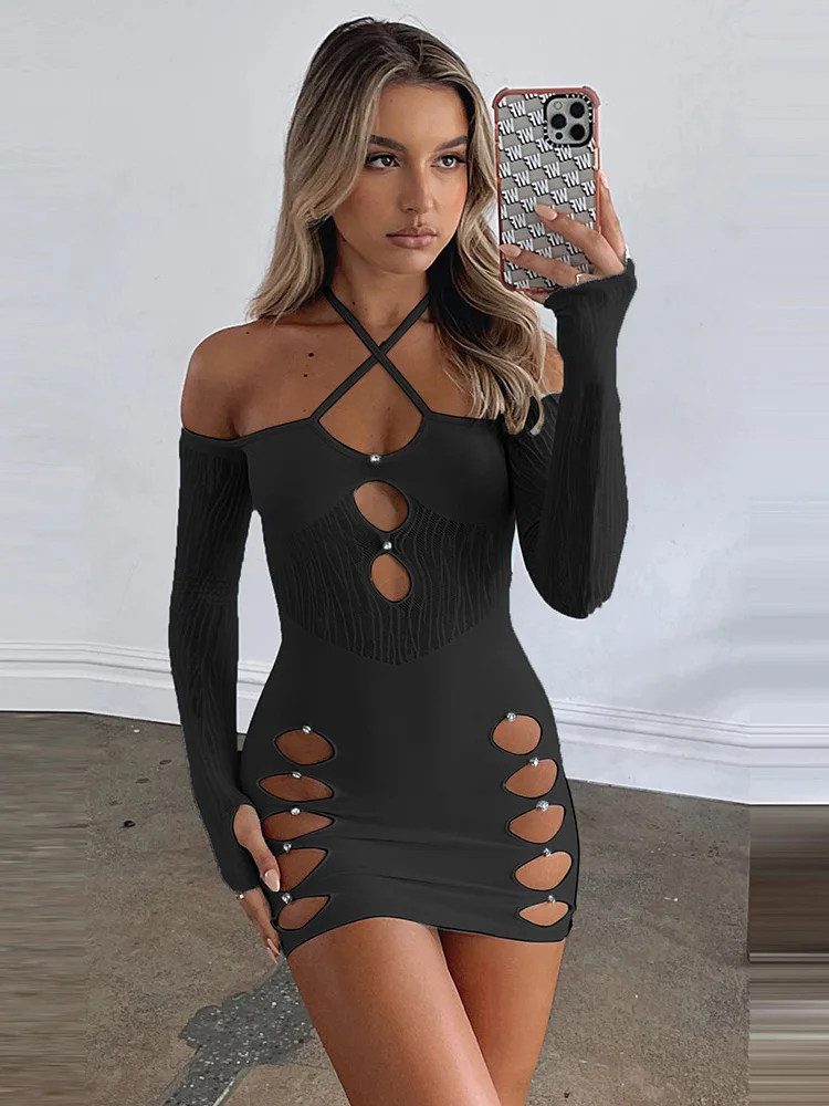 

Мини-платье с длинным рукавом и открытыми плечами, Y2K