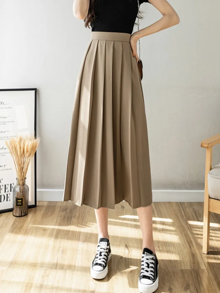 

Women Casual Pleated Skirts New 2022 Fashion Korean Style Big Swing All-match High Waist Ladies Elegant A-line Long Skirt W1054