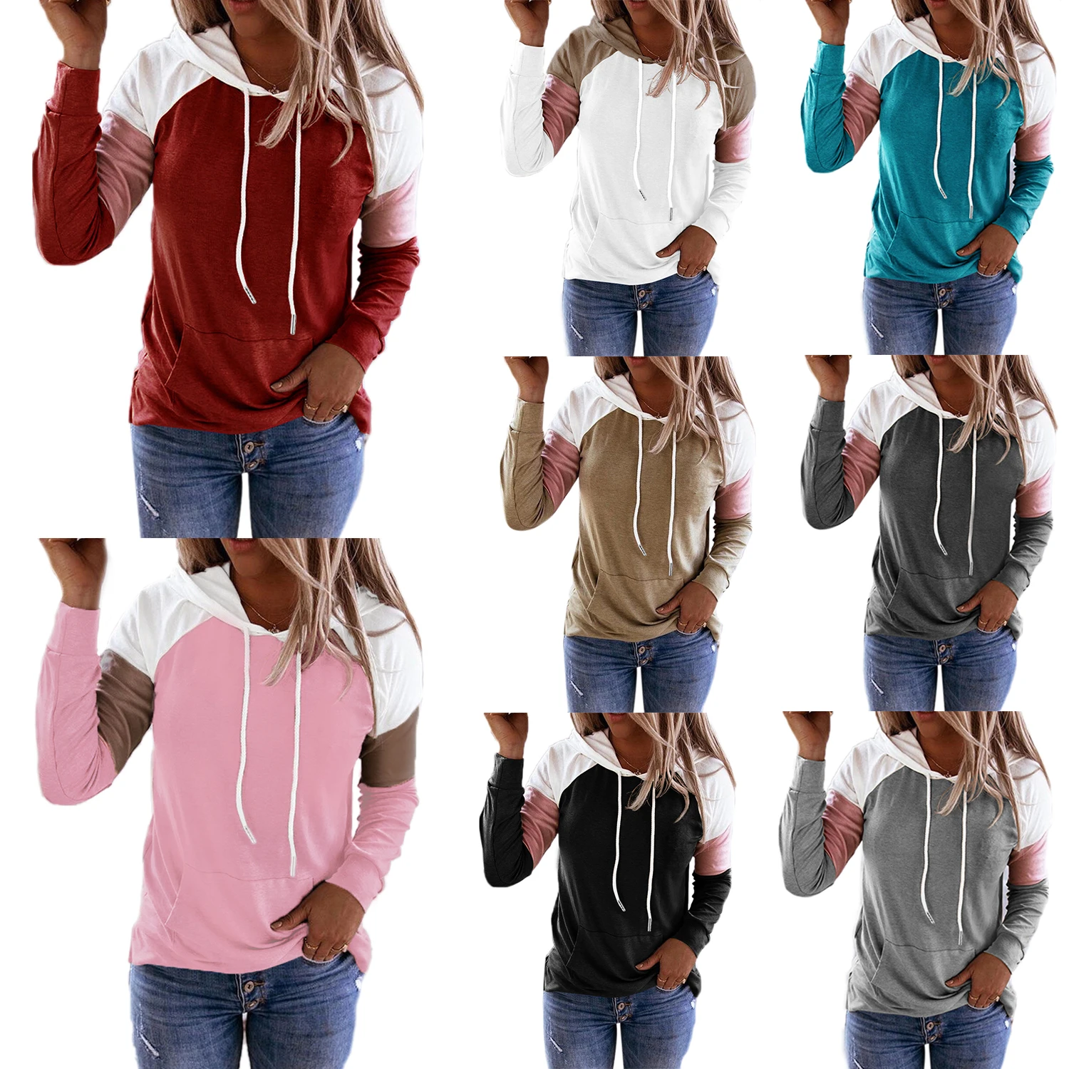 

Новинка-женский модный свитер с капюшоном футболка с длинным рукавом и контрастной прострочкой