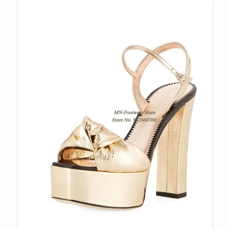 

2022 New Women Shoes Knotted Metallic Platform Sandal Gold Chunky Heel Open Toe Adjustable Ankle Strap Handmade Plus Size 33-46