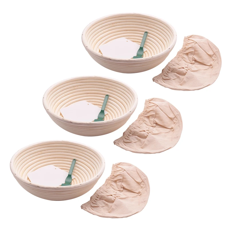 

3X 10 Inch Bread Proofing Basket - Banneton Proofing Basket + Cloth Liner + Dough Scraper + Bread Lame - Basket Set
