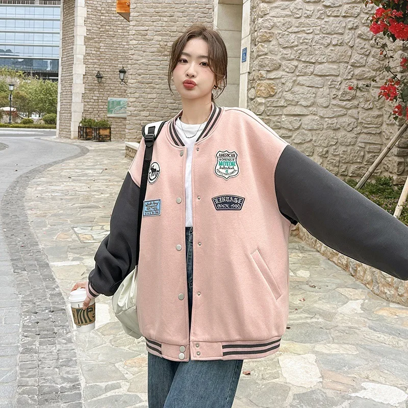 

Real Time Street Baseball Coat Women's Spring and Autumn 2023 New American Retro Contrast Color Label Casual Jacket