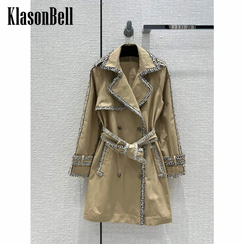 

9.3 KlasonBell Runway Vintage Sequins Tweed Patchwork Double Breasted With Belt Trench Coat Women