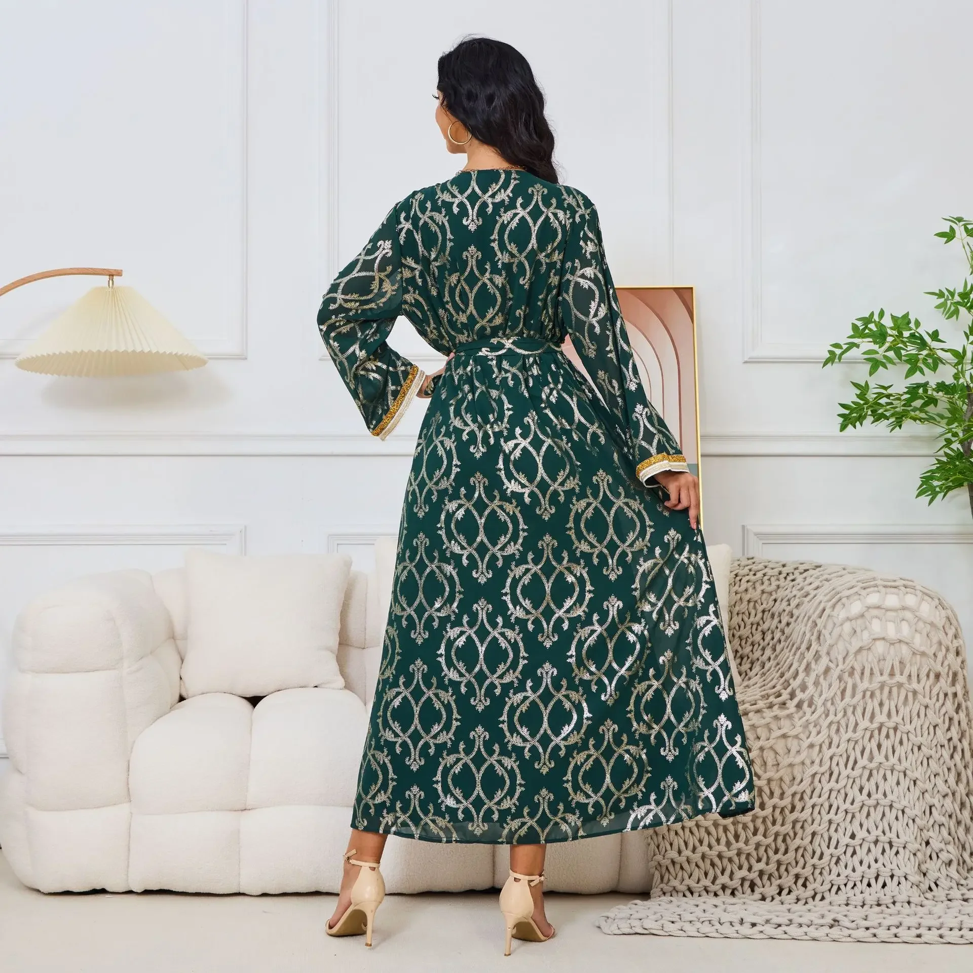 Арабское элегантное мусульманское платье женское длинное Абая с принтом Дубая и