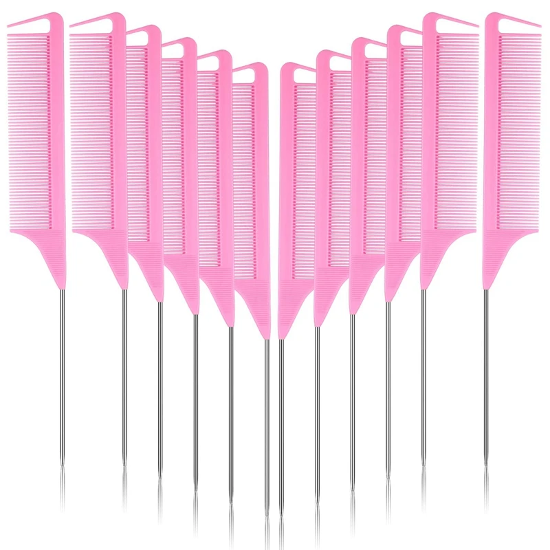 

12 Pieces Parting Comb With Stainless Steel Pintail For Hair Styling Hairdressing (Pink)
