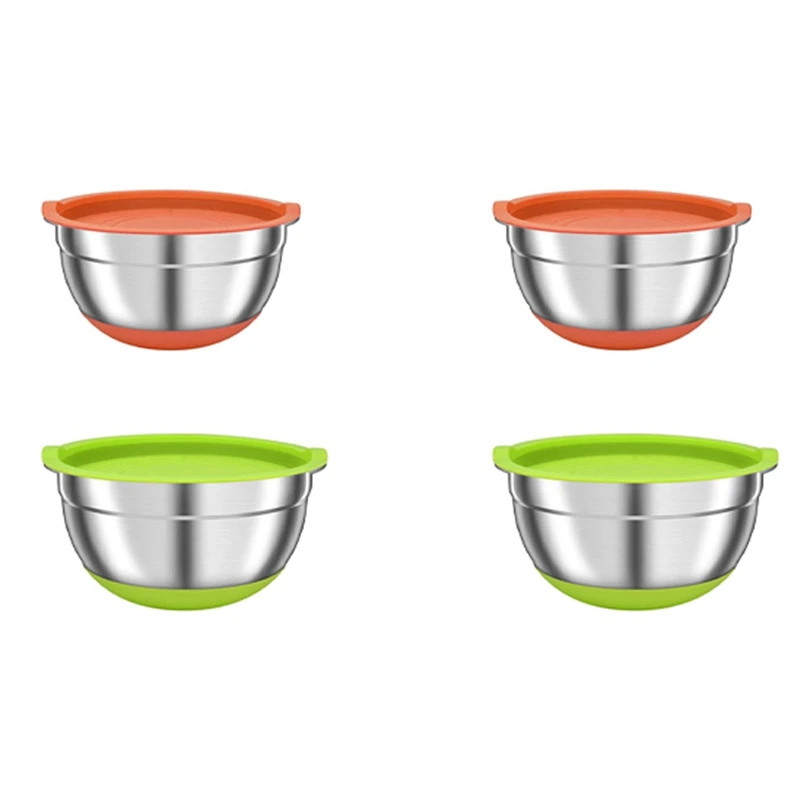 

4 Pack Mixing Bowls With Airtight Lids, Colorful Stainless Steel Metal Nesting Bowls For Kitchen, Non-Slip Silicone