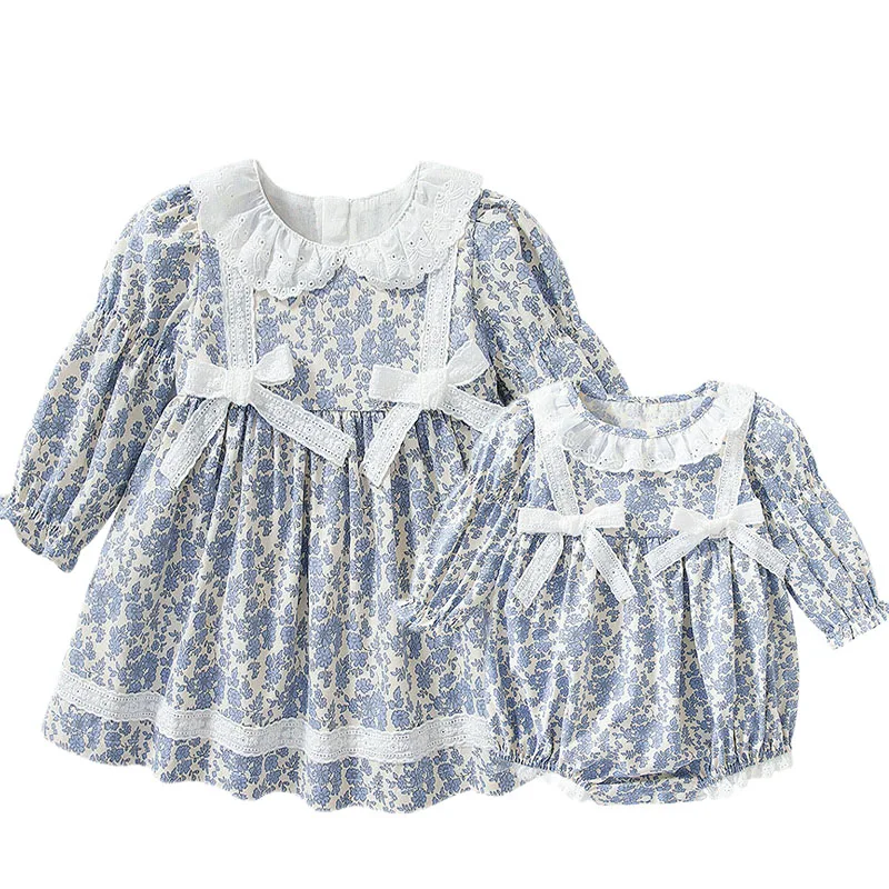 

Платье для маленьких девочек, детское кружевное Цветочное платье принцессы с длинным рукавом и бантом и комбинезоны для маленьких девочек, ...