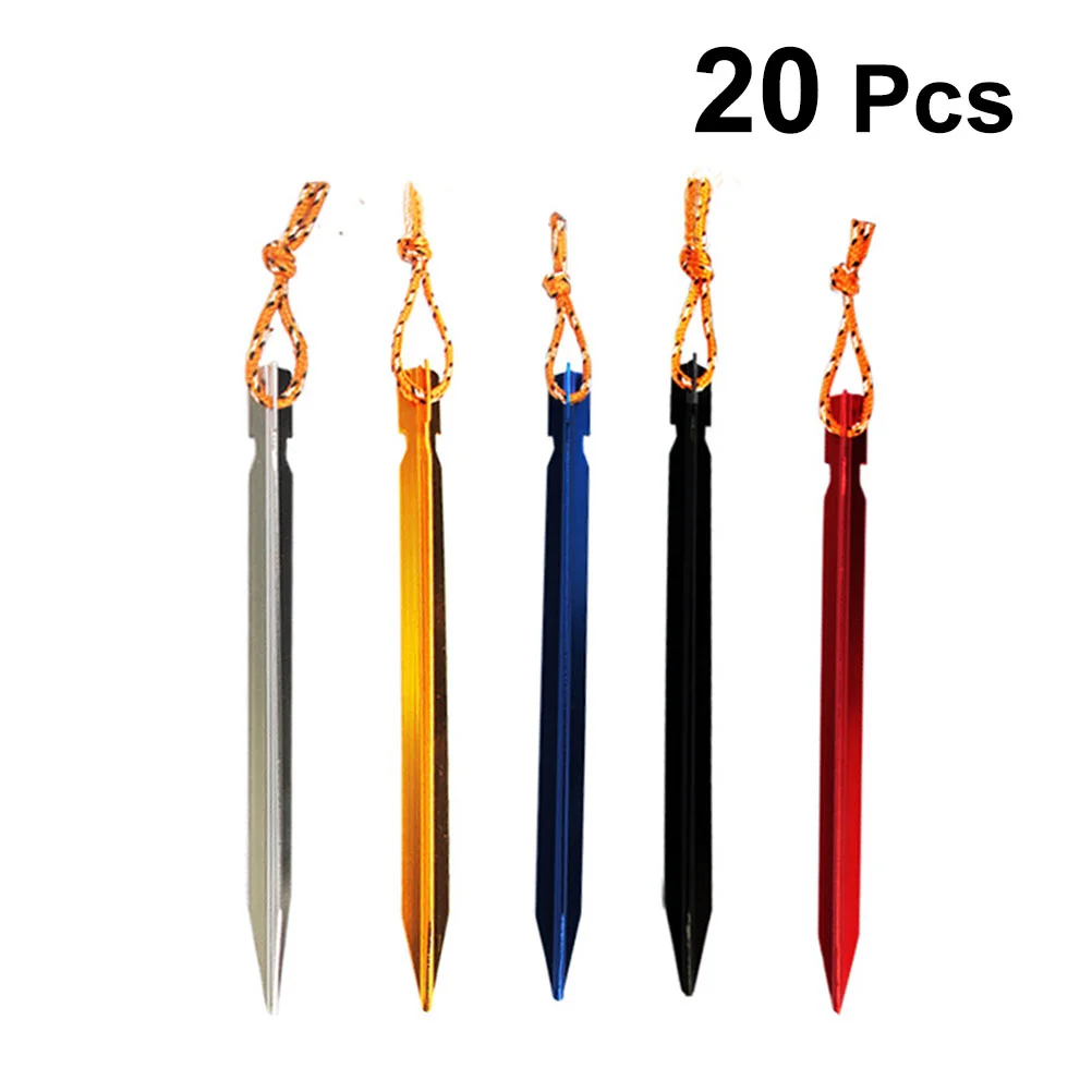 

20Pcs Aluminum Alloy Triangular Tent Stakes Tent Pegs with Reflective Cords for Camping Outdoor Activities (Random Color)