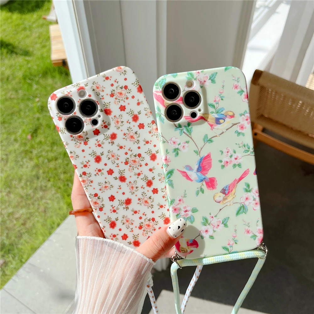 Чехол для телефона с ремешком через плечо и цветком iPhone 16 15 14 13 Pro Max 12 11 XS XR X мягкий