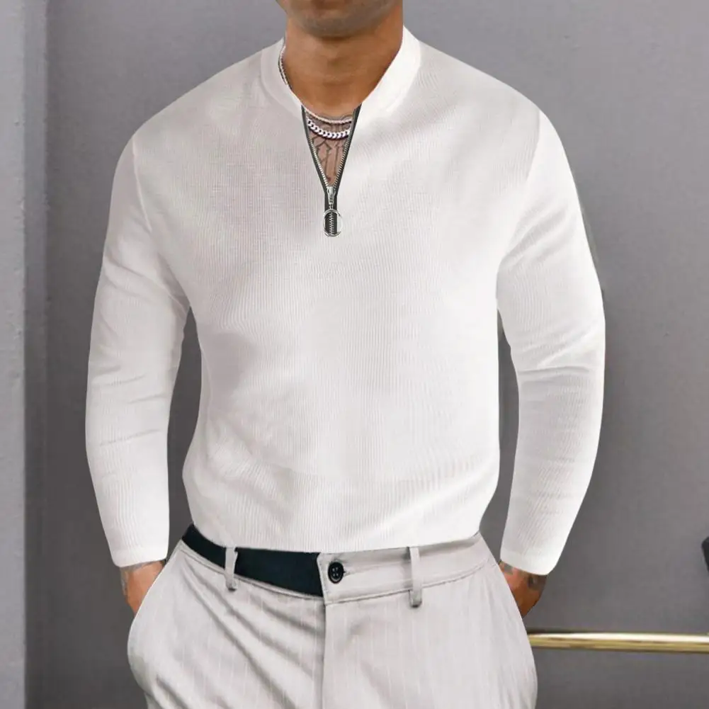 

Men T-shirt Zipper Stand Collar Pullover Solid Color Long Sleeves Soft Slim Fit Casual Basic Autumn T-shirt for Daily Wear