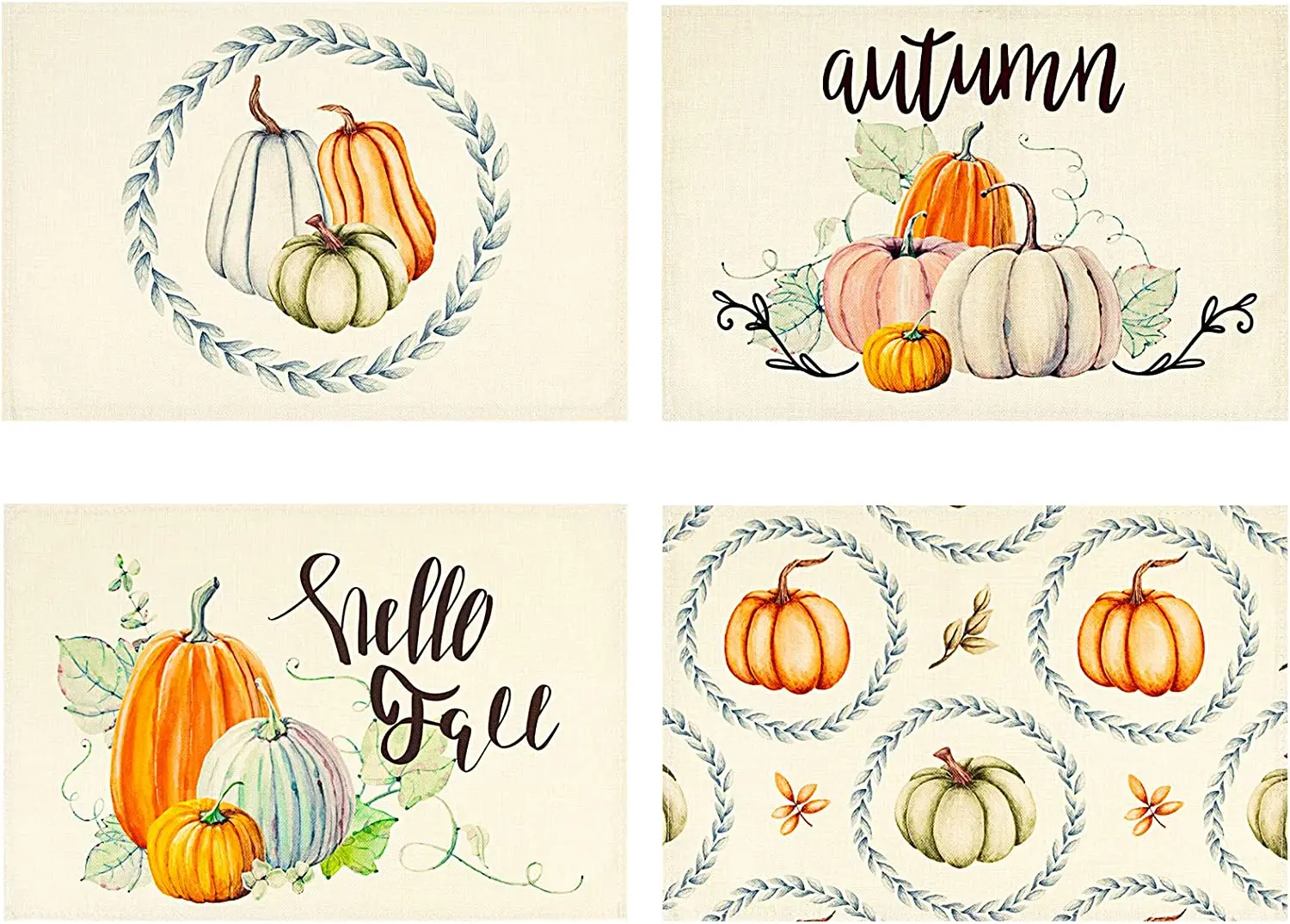 

Fall Watercolor Pumpkin Placemats for Dining Table 12x18 Inch Autumn Thanksgiving Seasonal Holiday Decoration Rustic Washable