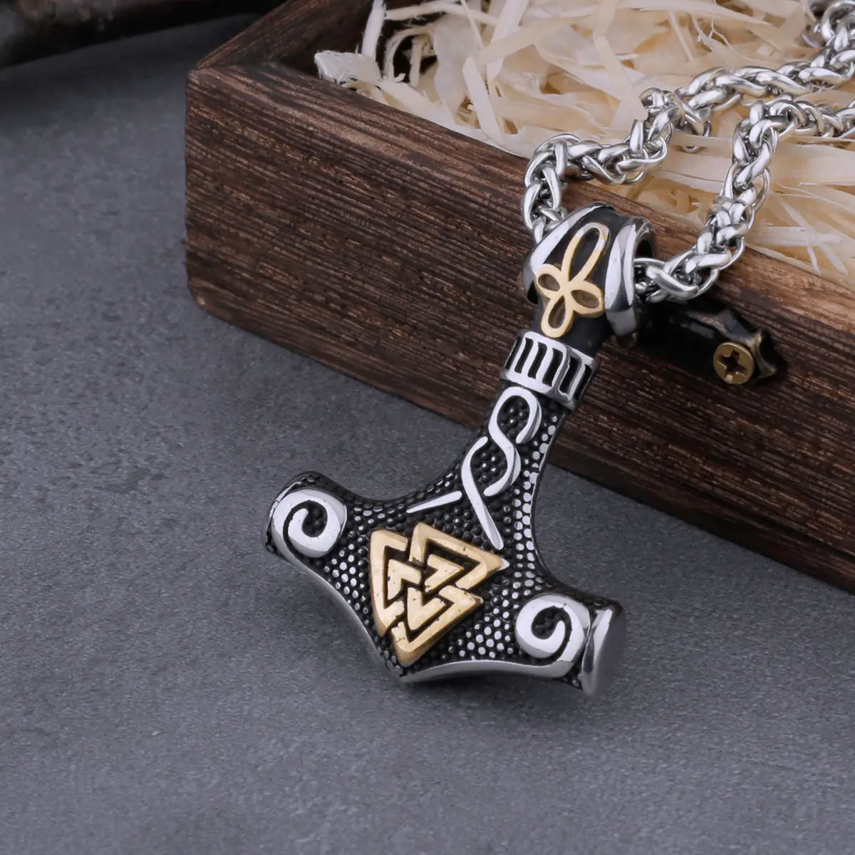 

Stainless Steel Viking Mjolnir Thor's Hammer and Mixed Gold Odin Rune Necklace Men's Charm Vintage Pendant Viking Jewelry Gift