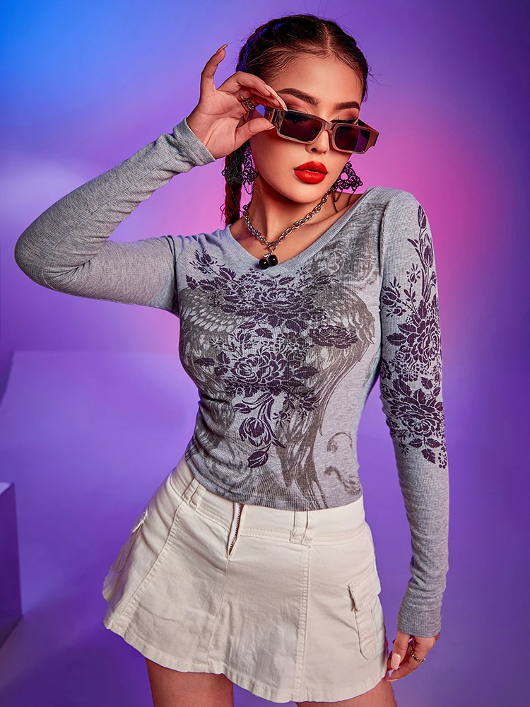 

Женские винтажные футболки в стиле эмо Y2k, готический принт, волшебный гранж, в стиле эмо, повседневные женские короткие топы в рубчик, облег...