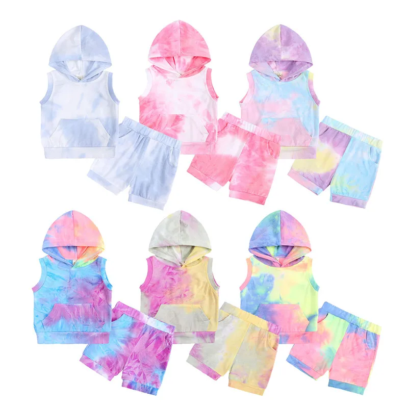 

Baby Girls Tracksuit Clothes Set Tie Dye Kids Boy Summer Rainbow Gradient Hooded Tops + Short Pants Outfits Newborn Sets