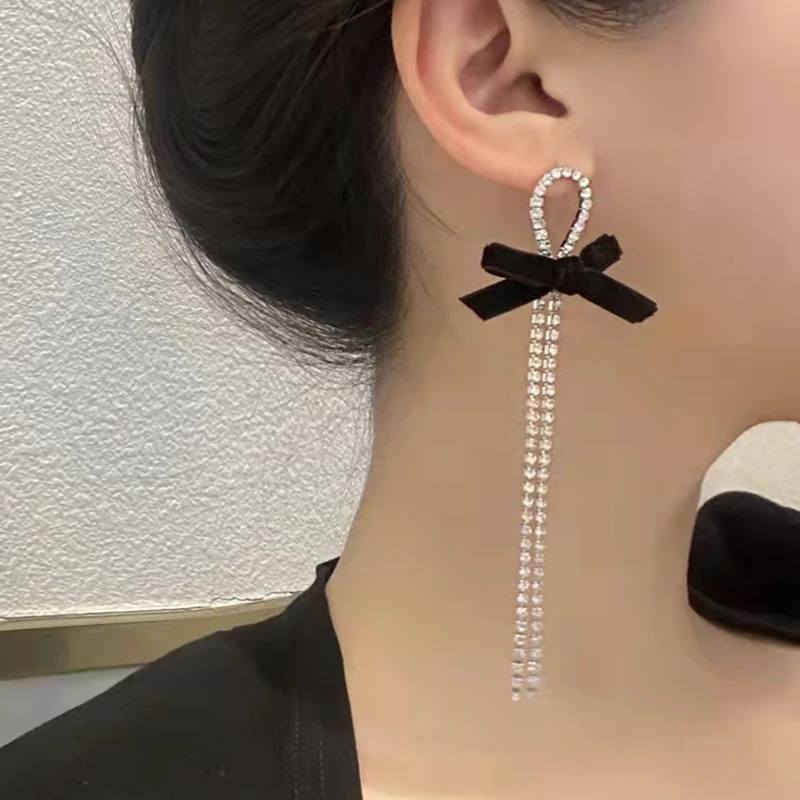 Long Tassel 925 Silver Needle Bow Knot Zircon  Earrings Party Jewelry Best Gift for Girl Fashion Jewelry Hanging Pendientes