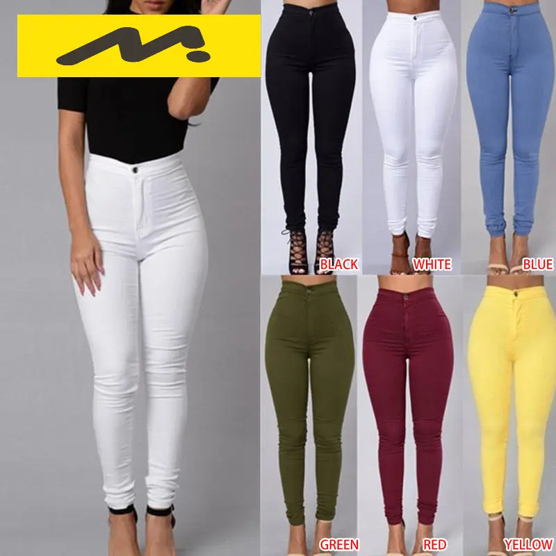 Fashion Plain Color Skinny Jeans Zipper Trousers Casual High Waist Tights Leggings Stretch Push Up Slim Pencil Feet Pants Women