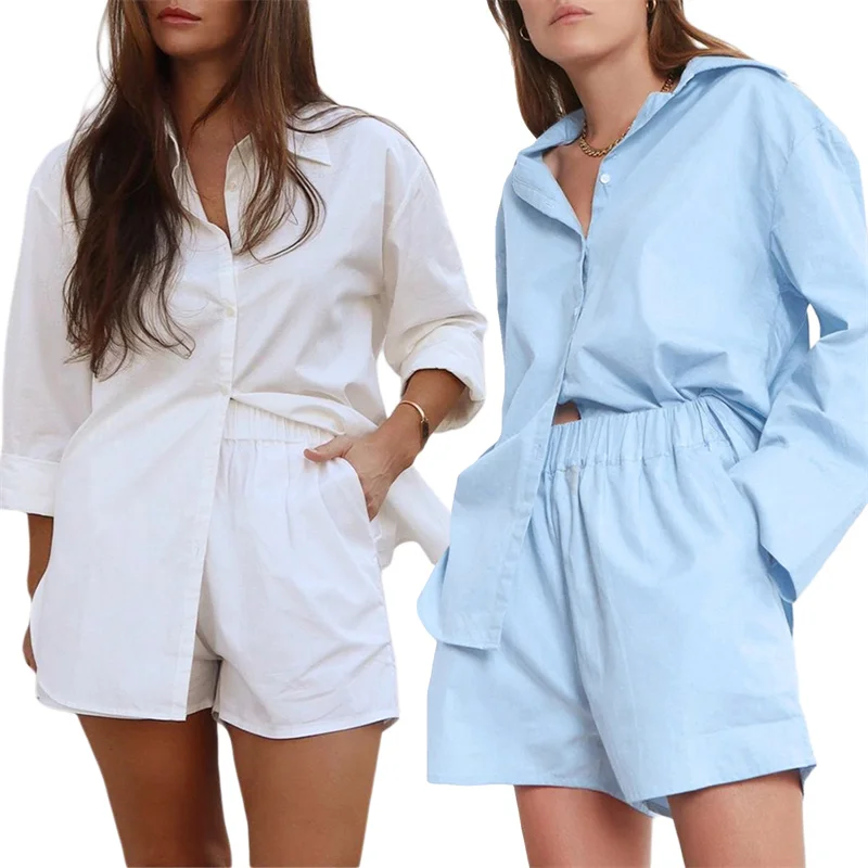 

Women Casual Loose Shorts Set Tracksuit Solid Color Long Sleeve Shirt Tops And Elastic Waisted Shorts Two Piece Set