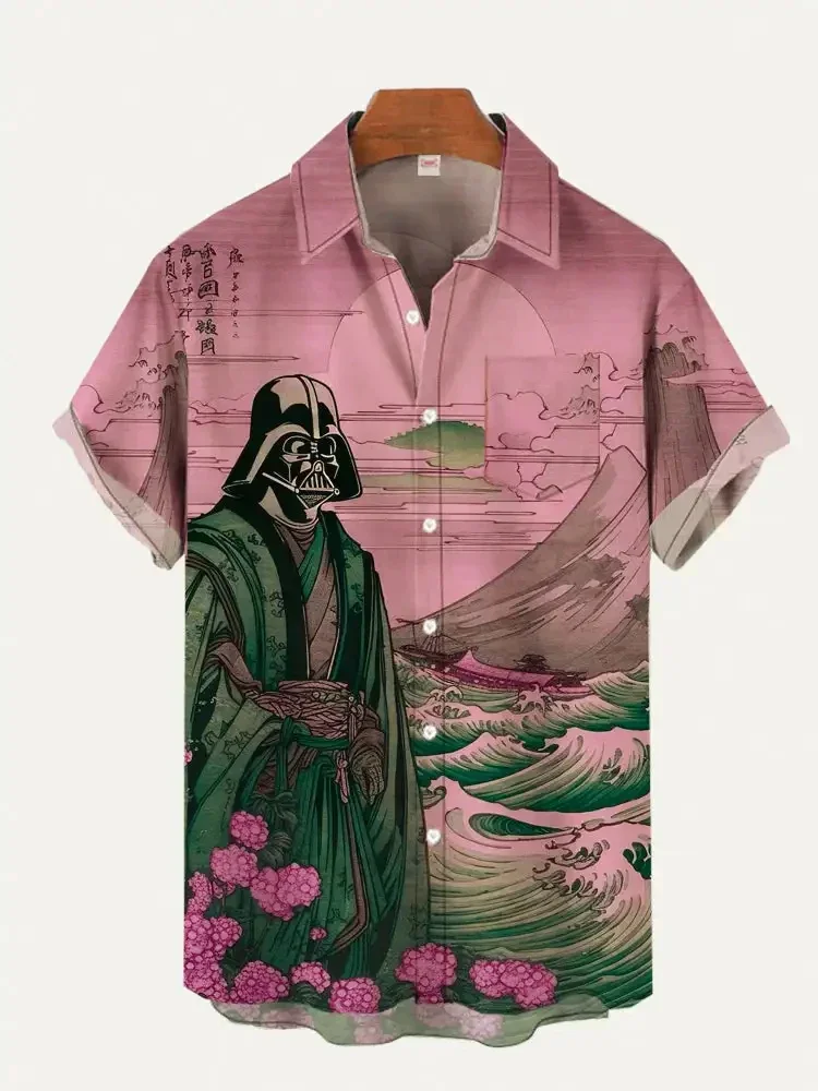 Casual Fashion Men's Summer Shirt Ukiyo-e Retro Masked Samurai Landscape Painting Digital Print Short Sleeve