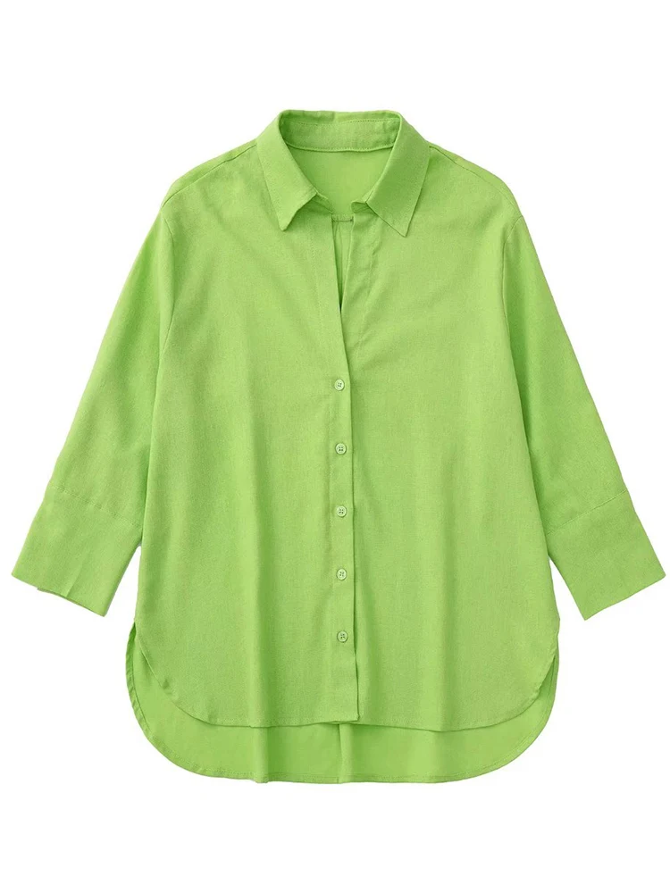 

YENKYE 2022 Fashion Women Vintage Green Cotton Linen Blouse Lapel Collar Chic Female High Street Loose Shirt