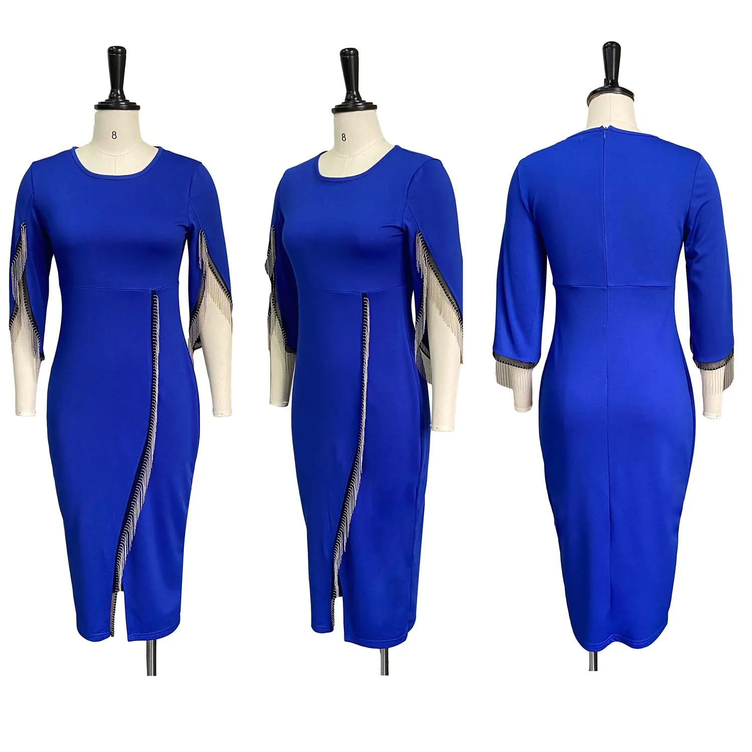 

Women Cape Sleeve Tassels Fringed Bodycon Midi Dress Elegant OL Work Dress no belt