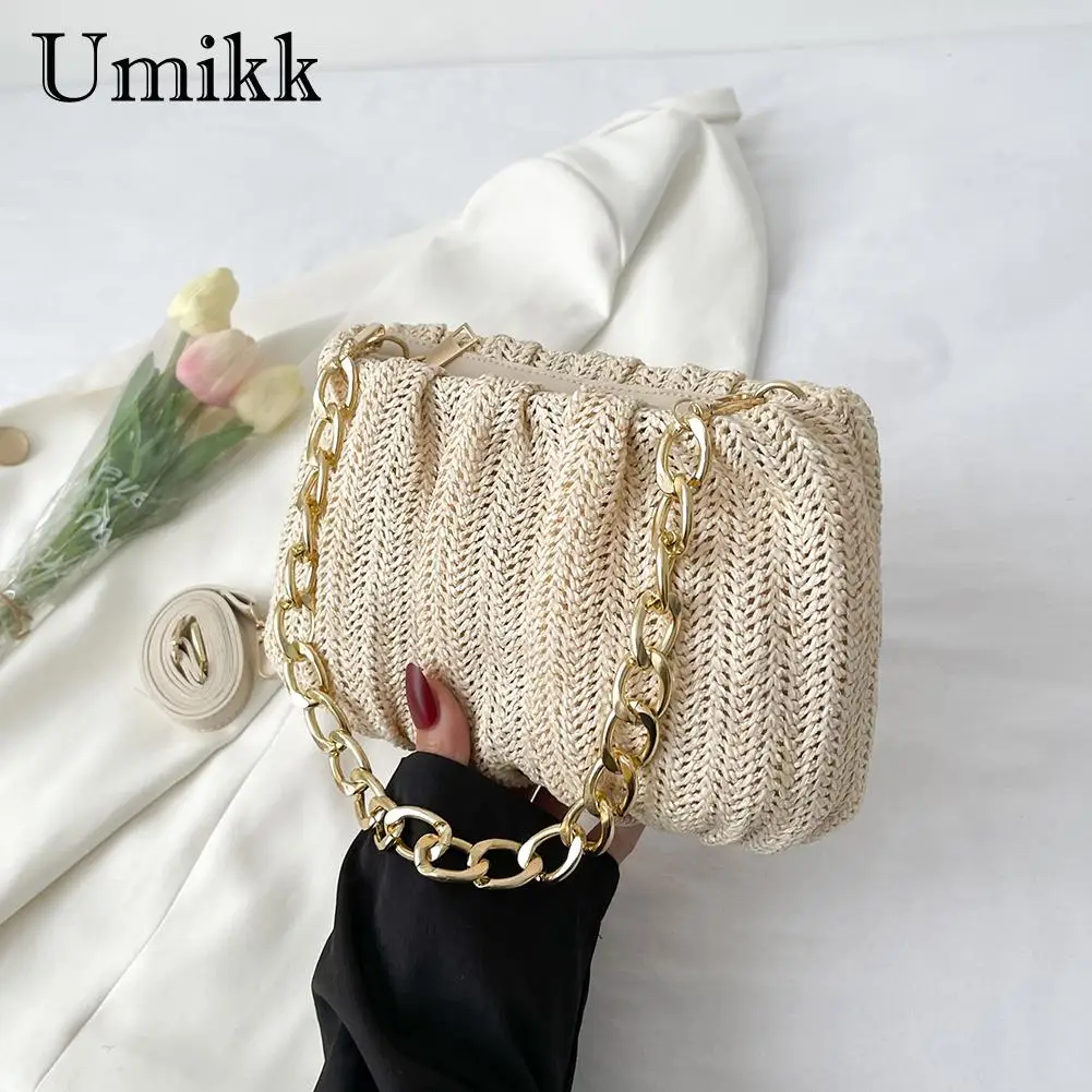 

Летняя плиссированная плетеная Сумка через плечо из соломы, Женская пляжная модная дорожная женская сумка через плечо, женская сумка-тоут н...