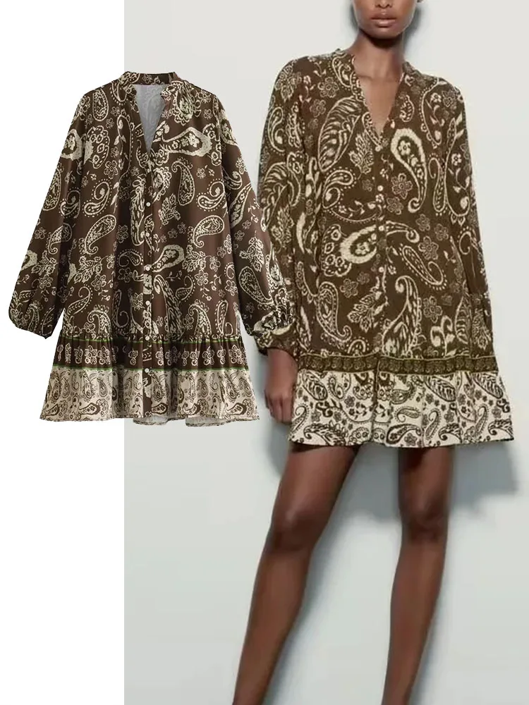 

TRAF 2023 Women Print Shirt Dress Long Sleeve Mini Dress Woman Summer Ruffle Loose Woman Boho Party Dress