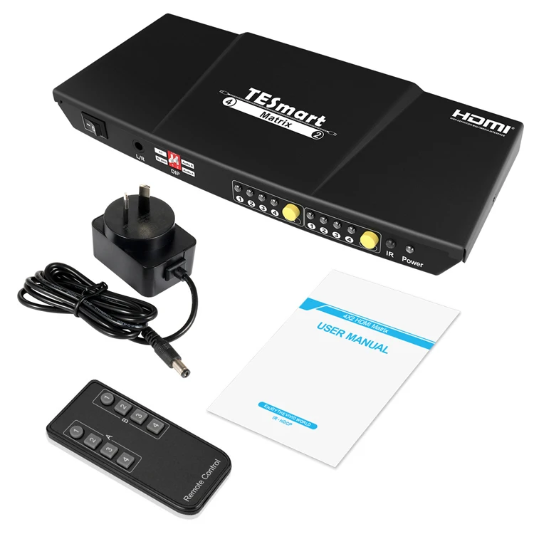 

TESmart 4x2 HDMI Matrix 36 bit HDCP1.4 AUX L/R S/PDIF Audio 4 in 4 out Video Switcher EDID 4K30hz Hdmi Matrix With IR Remote