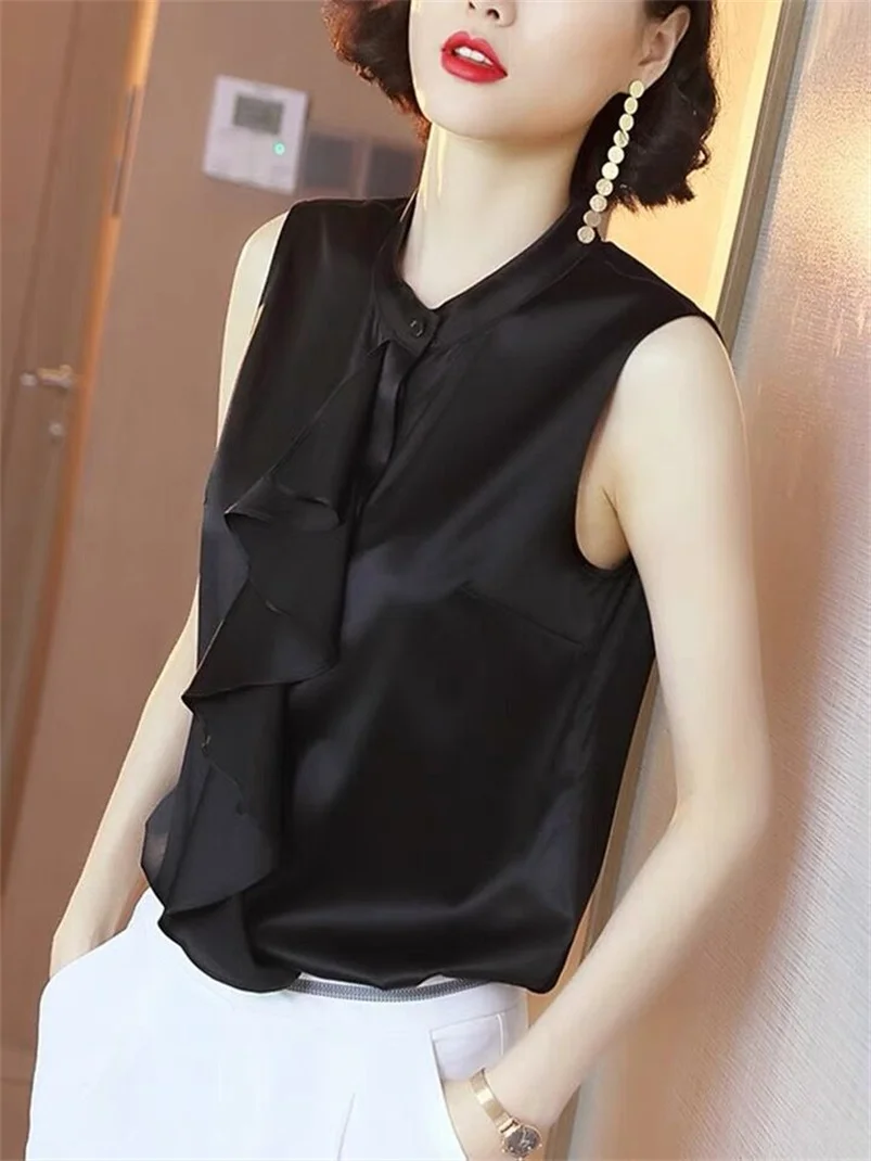 

New Satin Women's O-neck Solid Satin Sleeveless Shirt Woman Chic Fashion Ruffles Tank Tops Stylish Blouses 2022 Summer Vest