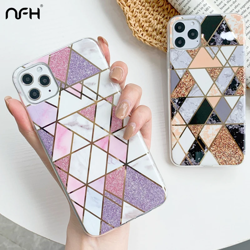 

For iPhone 11 12 13 Pro Max Luxury Plating Splice Glitter Marble Case For iPhone X XS XR Silicone Phone Cover On SE2 6S 7 8 Plus