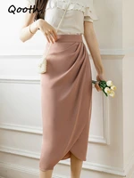 qooth spring summer chiffon knee length split hip skirt women elegant office lady pencil long skirt qt1727