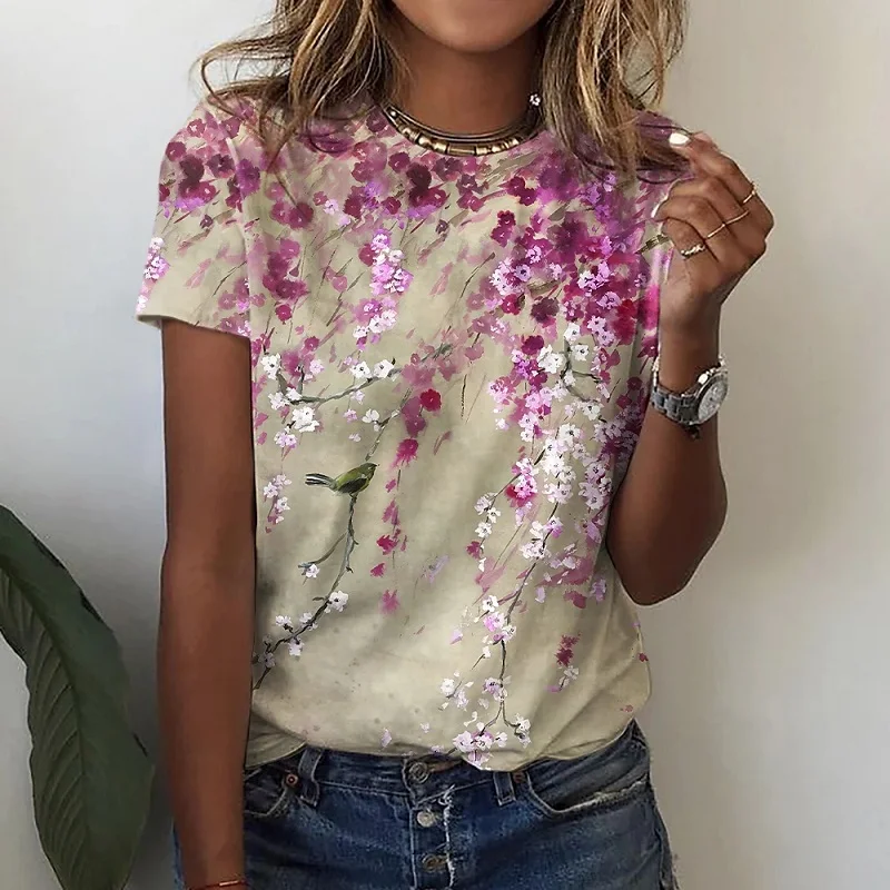 

Casual Fashion Everyday Women's T-Shirt Floral Themed Summer Women's Top Round Neck Short Sleeve Regular T-Shirt, Supple, Soft