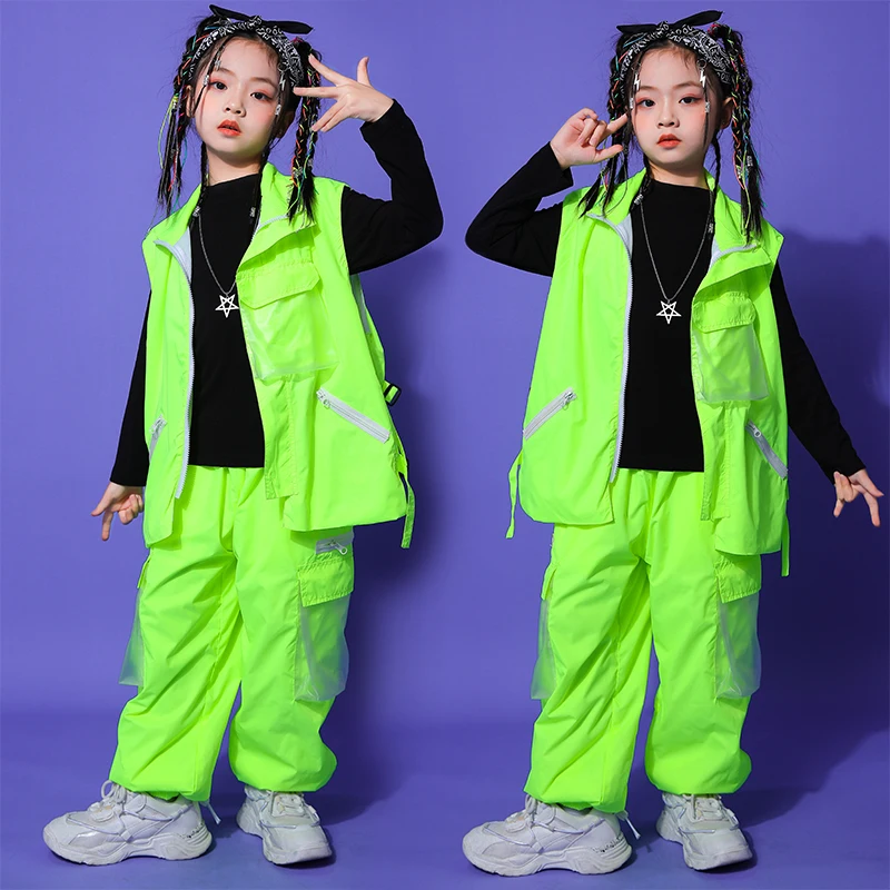 

Fluorescent Green Hip Hop Costume Vest Pants For Girls Boys Streetwear Concert Stage Clothes Jazz Performance Outfits BL9481
