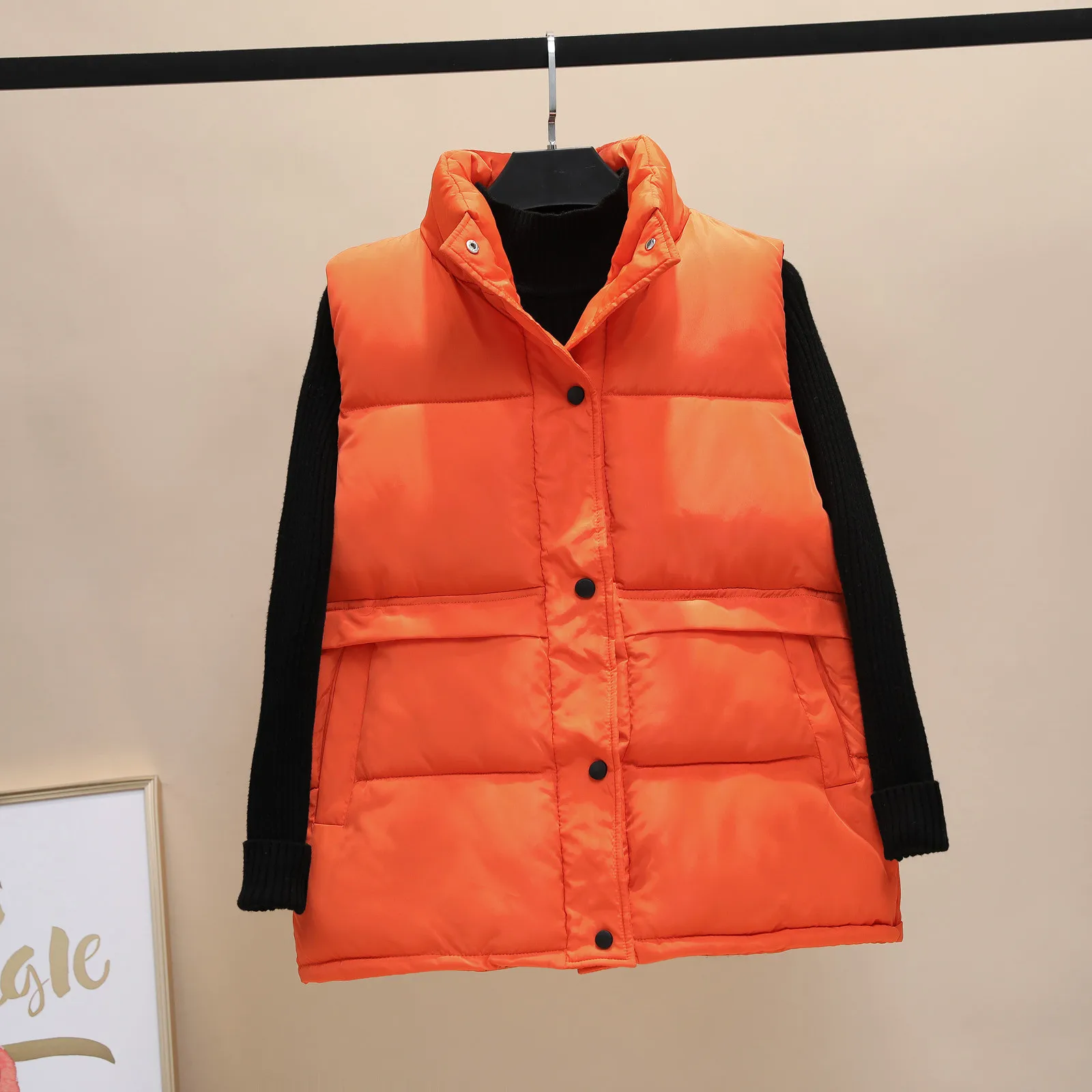

Women's Solid Color Stand Collar Loose Pocket Vest With Two Down Cotton Warm Long Coats for Women Fashion Winter Jacket Womens