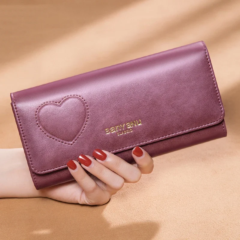 

Women Wallets Genuine Leather Long Heart Wallet Female Card Holder Ladies Clutch Phone Bag Coin Purse Purple Wallet for Women