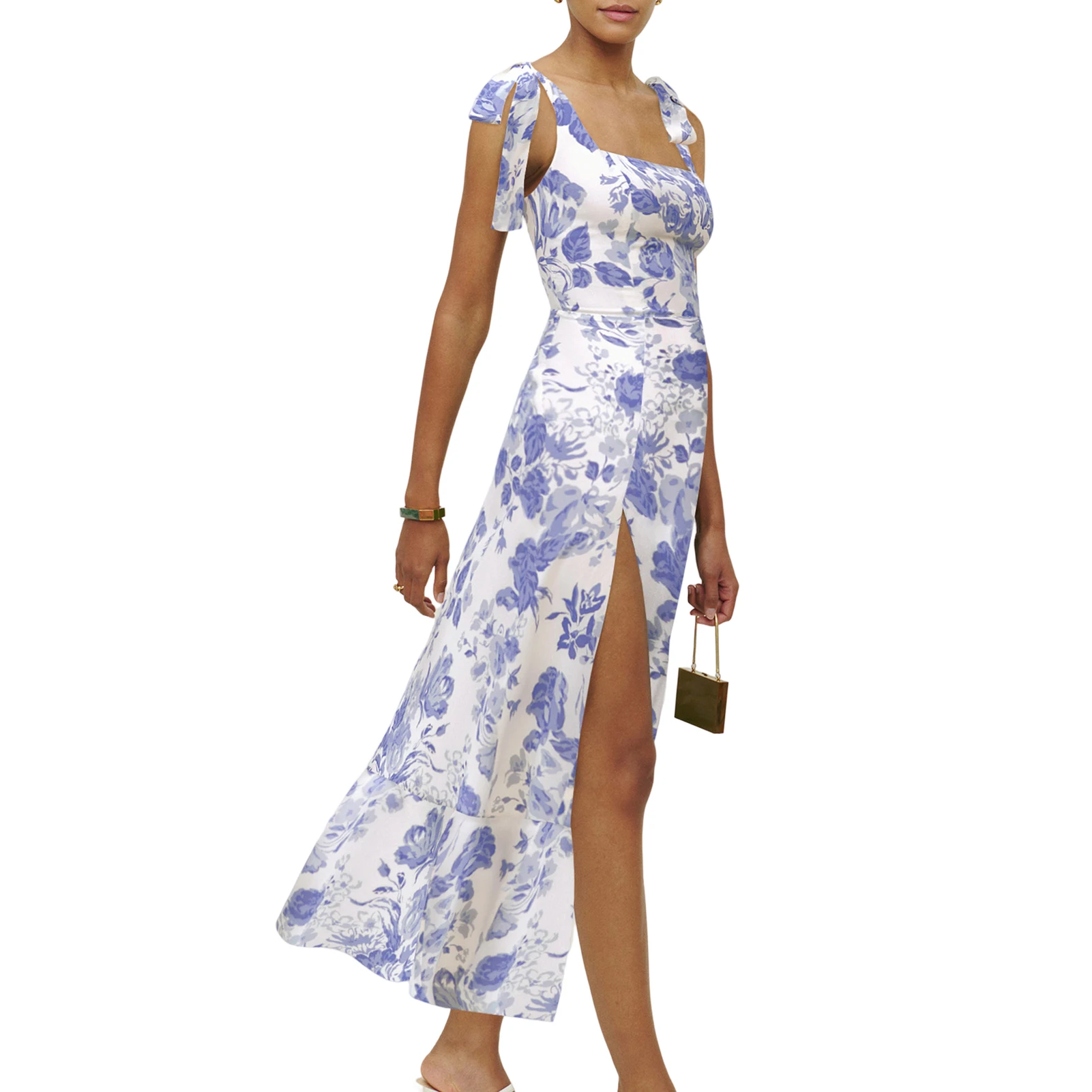 

Women Sexy Sling Lace Up Backless Long Dress Elegant Sleeveless Square Neck Split Dress Female Fashion Flower Print Slim Dresses
