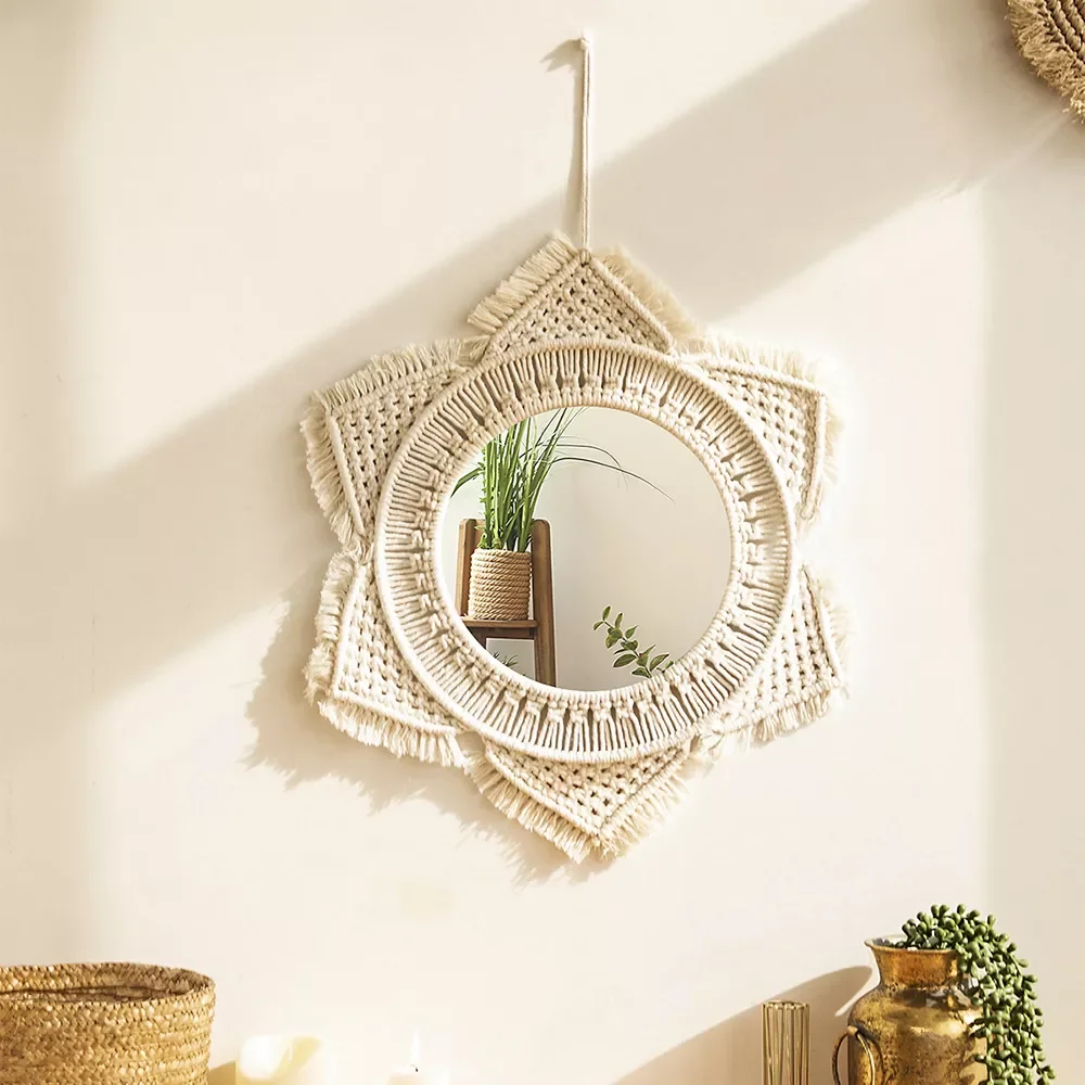 

Boho Macrame Round Mirror Decorative Mirrors Aesthetic Room Decor Hanging Wall Mirror for Bedroom Living Room House Decoration