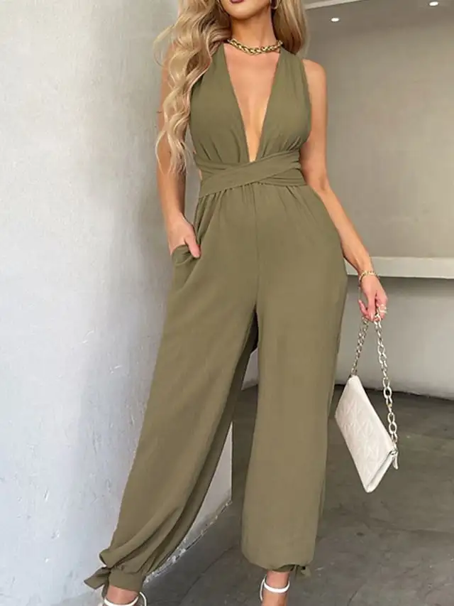 

Women's Jumpsuit Backless Pocket Solid Color Deep V Elegant Party Going out Regular Fit Sleeveless Green Black Orange S M L Spri