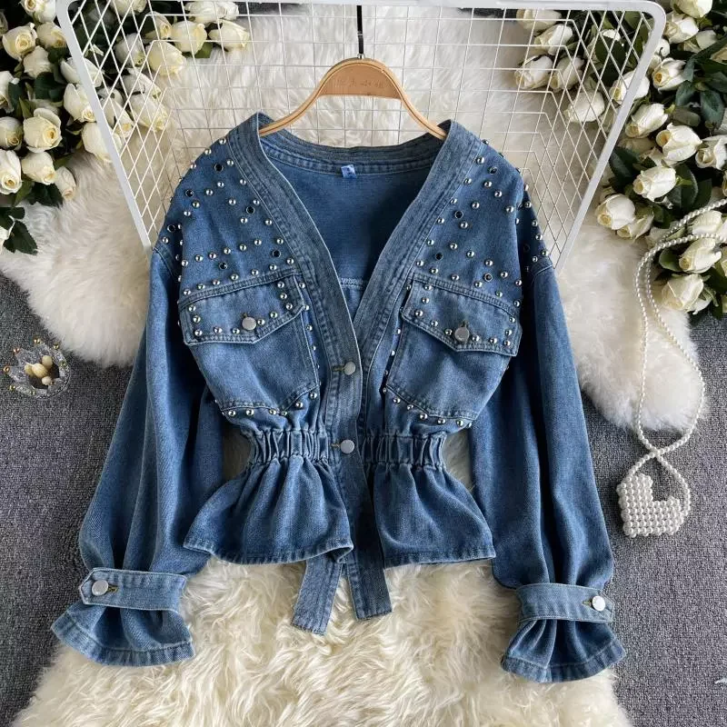 

2023New 2021 Autumn Vintage Denim Outerwear Women Design Beading Single Breasted Tops Fashion Korean Streetwear Short Jacket