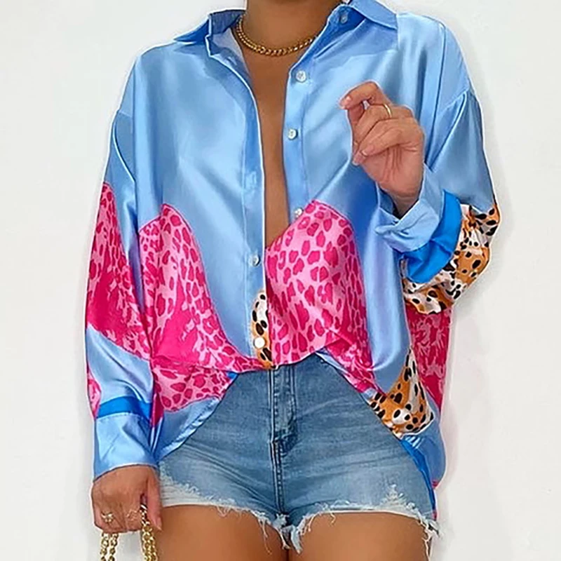 

Блузка женская однобортная с леопардовым принтом и длинным рукавом, на осень