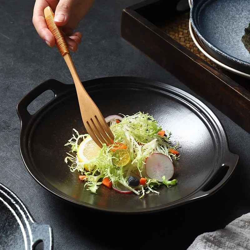 

Japanese Pasta Dish Ceramic Double Eardish Fruit Salad Dish Household Tableware