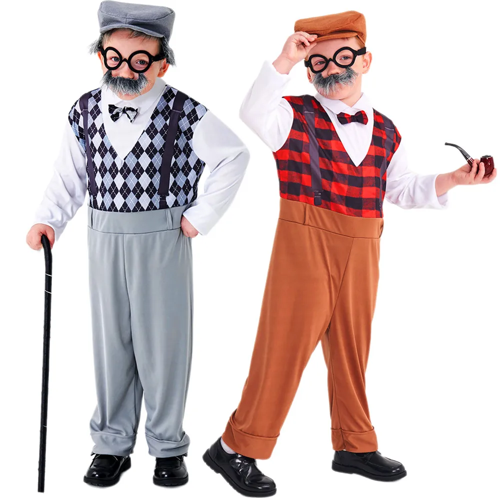 

Beard Centenarian Uniform Costume Boy Plaid Jumpsuit With Hat Glasses Kids Children Day Cosplay Stage Performance costume