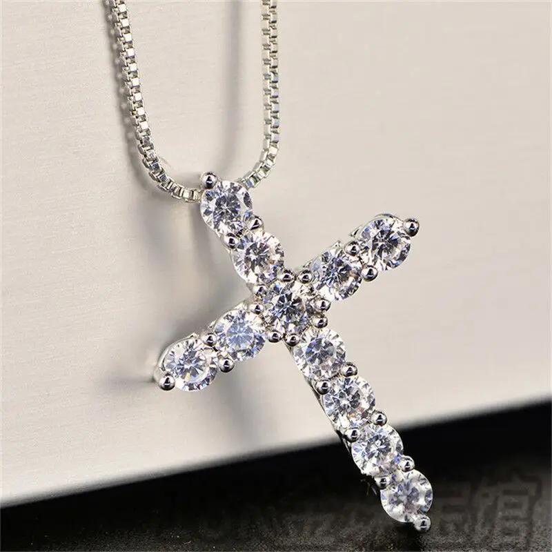 

925 Silver Color Necklace Box Chain Shiny Crystal Classic Cross Pendant Ankh Neck for Women Men Korean Fashion Jewelry Gift 2022