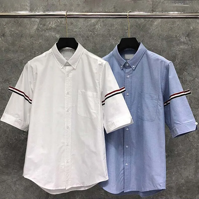 TB THOM Men's Shirt Solid Fashion Top Brand Striped Sleeves Slim Casual Oxford Fine Cotton High Quality Summer Cool Short Shirts