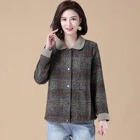 2022 women spring autumn jacket new plaid threaded cotton casual coats jackets elegant lady woolen outerwear 5xl
