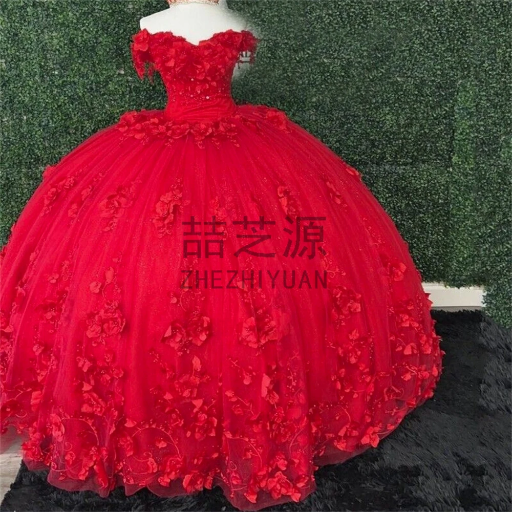 

Red Tulle Off The Shoulder 3D Flowers Pearls Beading Ball Gown Lace Appliques Quinceanera Dressvestido para quinceañera 2023