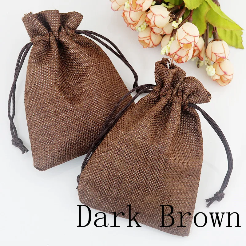 

Hot sale 100pcs/lot coffee color Linen Fabric Jute Drawstring bags Gift package bag Natural Burlap Bag with Nylon Drawstring bag