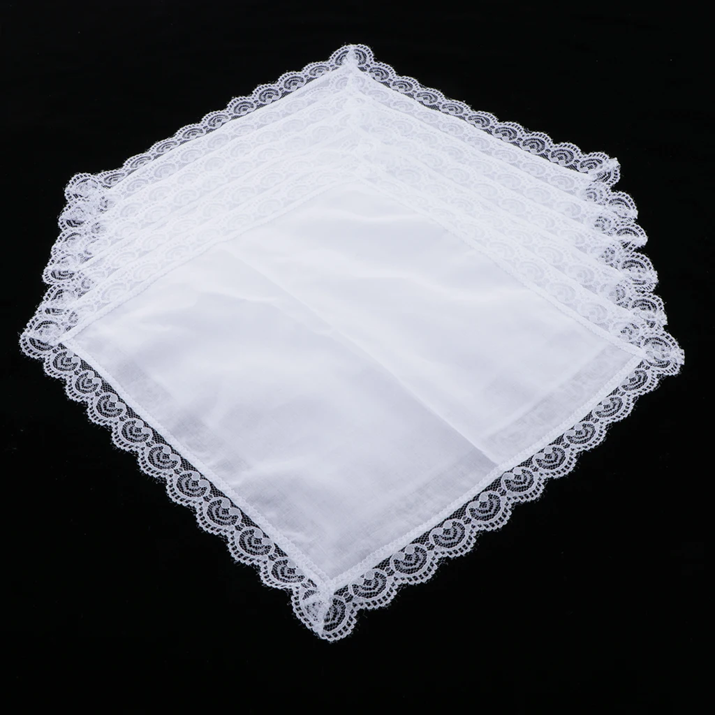 

5 Pieces White Cotton Scarves Hankie Wedding Scarves With Lace Trim