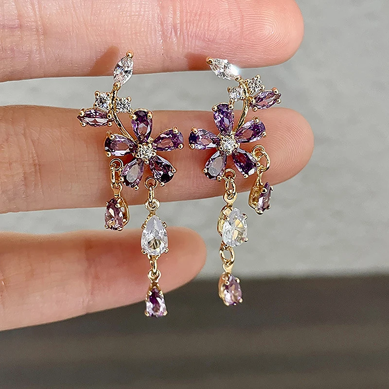 Серьги-гвоздики с кисточками женские милые ювелирные украшения фиолетовым