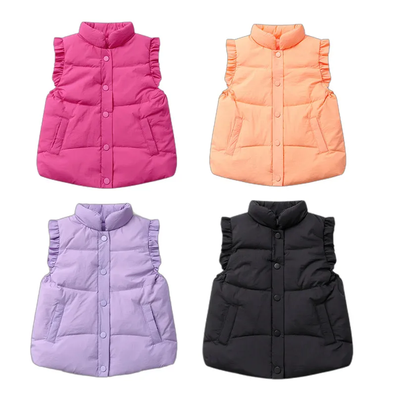 

Boys Girls Winter Down Waistcoat Children's Ruffles Shoulder Candy Color Vest Baby Toddlers Puffer Gilets Outerwear Vestcoat2-8T
